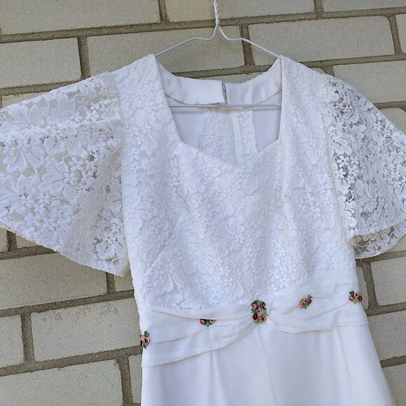 Vintage White Party Dress 29" Bust Bridal Gown Lace Flounce Sleeves Pink Flowers - Picture 4 of 15